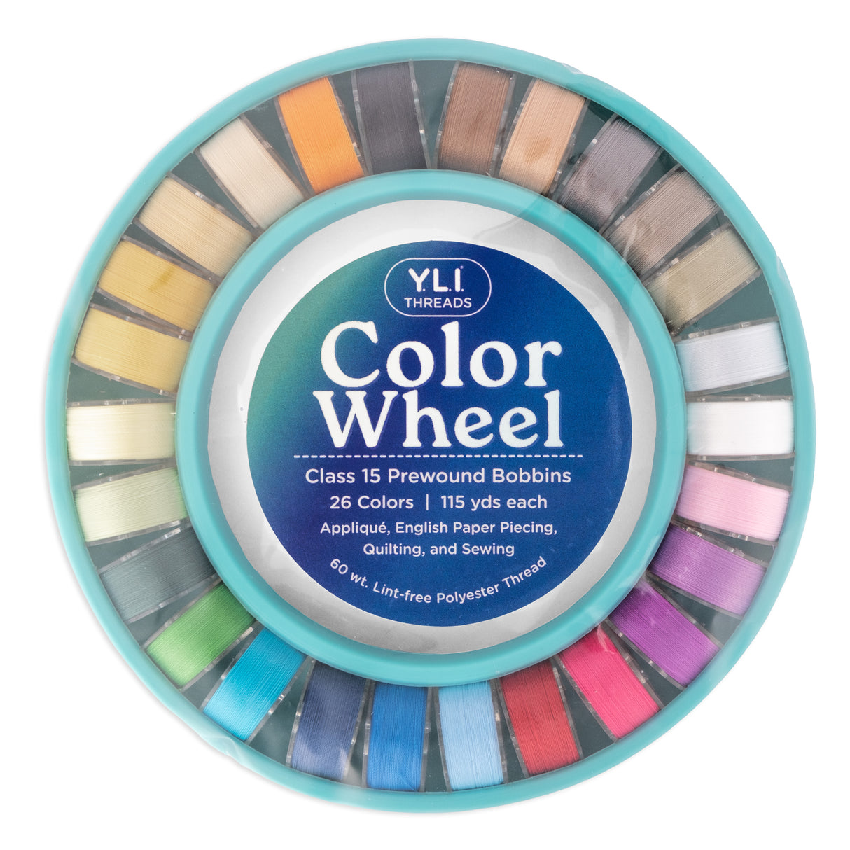 YLI Threads Color Wheel with 26 class 15 prewound bobbins in silicone ring