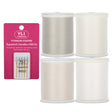 A set of four spools of YLI Dream Seam cotton piecing thread in light neutral colors, accompanied by a pack of #80/12 Titanium-coated Topstitch Needles.