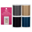 Four spools of dream seam thread in black, gold, grey, and blue with a package of YLI threads on a white background.