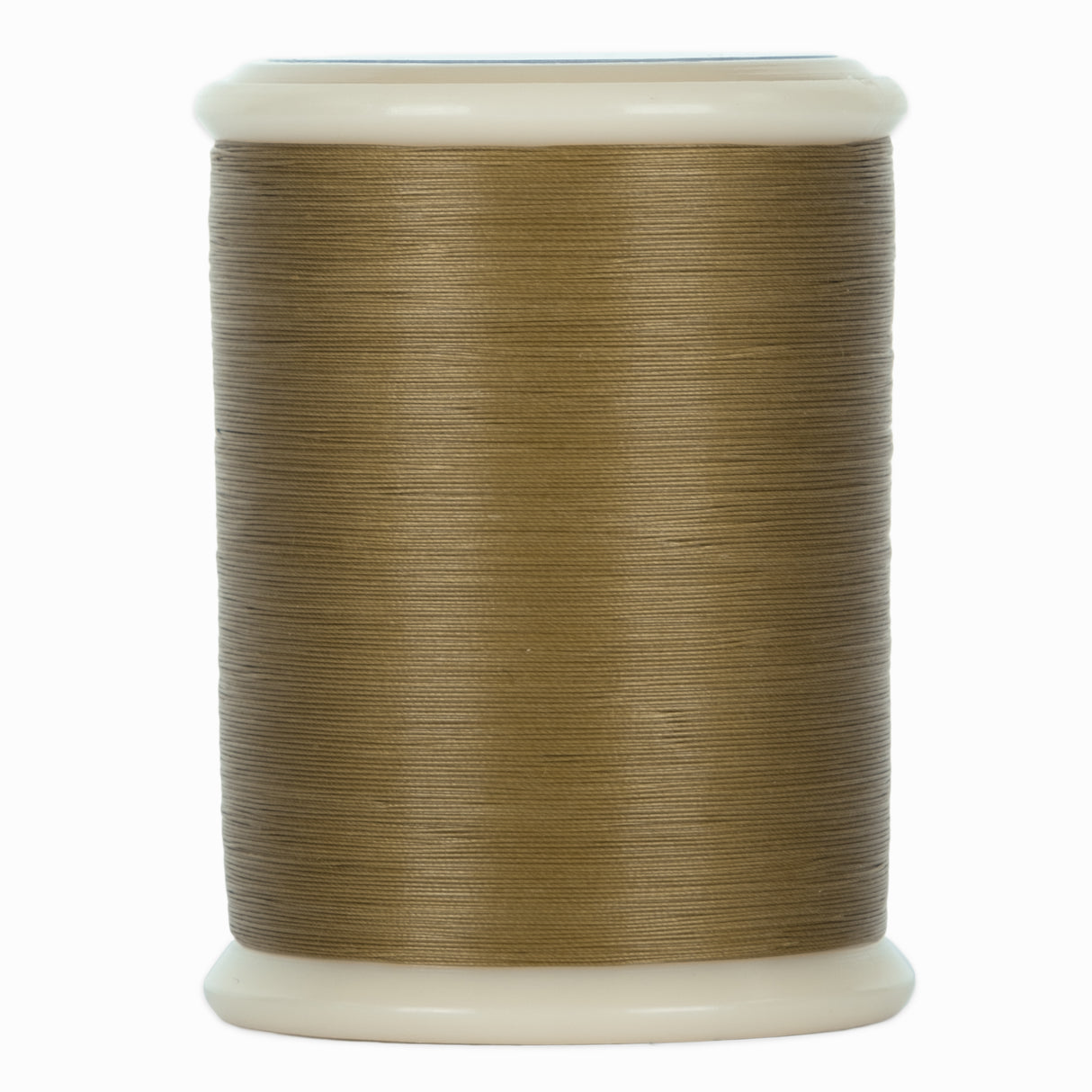 Spool of brown hand quilting thread on a white background