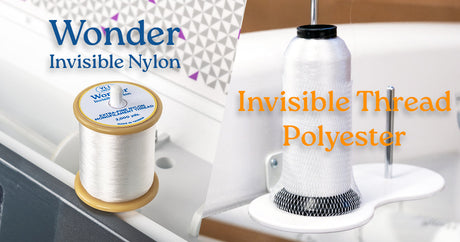 Spool of Wonder Invisible Nylon thread next to a cone of Invisible Thread Polyester on a sewing machine.