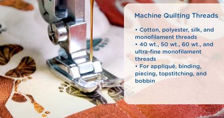 sewing machine with fabric and text about machine quilting threads