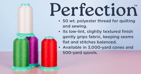 cones of perfection 50 wt polyester quilting thread with logo
