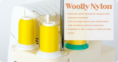 yellow cones of woolly nylon serger thread on a serger