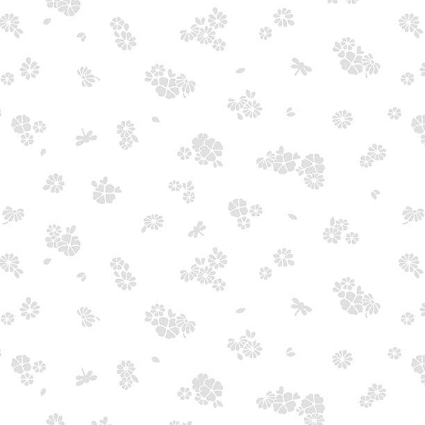 White tone on tone with printed flowers.