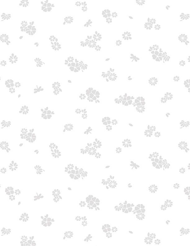 White tone on tone with printed flowers.
