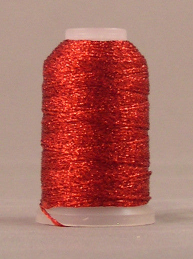 Red metallic thread on white plastic spool, shimmery finish with loose thread end visible