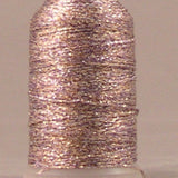 Copper, lavender and silver metallic thread wound on white plastic spool with visible shimmer and multicolored strands