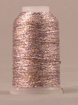 Copper, lavender and silver metallic thread wound on white plastic spool with visible shimmer and multicolored strands