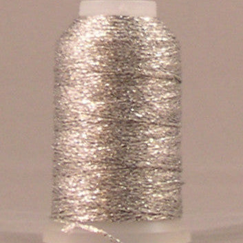 Silver metallic thread wound on white plastic spool with clear packaging label