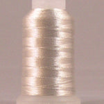 Silver metallic thread on white plastic spool with fine shimmer finish