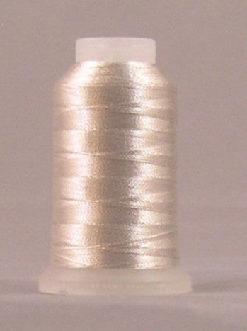 Silver metallic thread on white plastic spool with fine shimmer finish