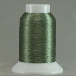 Jade green metallic thread wound on white plastic cone with clear top cap