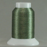 Jade green metallic thread wound on white plastic cone with clear top cap