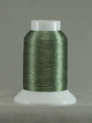 Jade green metallic thread wound on white plastic cone with clear top cap