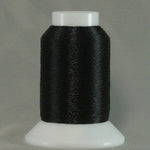 Black metallic thread on white cone spool with clear top cap