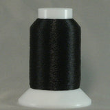 Black metallic thread on white cone spool with clear top cap
