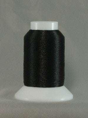 Black metallic thread on white cone spool with clear top cap