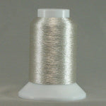 Silver metallic thread on white cone spool with clear protective cap