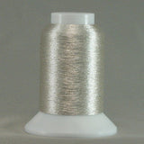 Silver metallic thread on white cone spool with clear protective cap