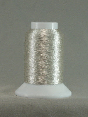 Silver metallic thread on white cone spool with clear protective cap