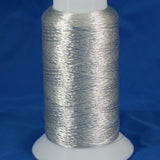 Silver metallic thread on white plastic cone with glossy, reflective finish