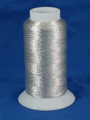 Silver metallic thread on white plastic cone with glossy, reflective finish