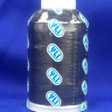 Black bobbin thread on dark plastic spool with white caps and blue oval logos, 100 weight lingerie thread