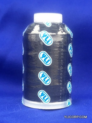 Black bobbin thread on dark plastic spool with white caps and blue oval logos, 100 weight lingerie thread