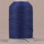 Navy blue 12 weight thread wound on white plastic spool with loose thread end visible