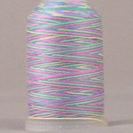 Multicolored variegated thread on white plastic spool with pastel pink, blue, green, and yellow strands wound together