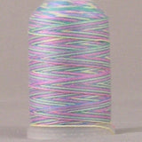 Multicolored variegated thread on white plastic spool with pastel pink, blue, green, and yellow strands wound together
