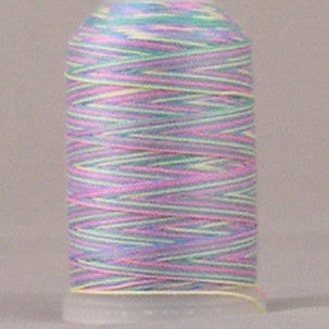 Multicolored variegated thread on white plastic spool with pastel pink, blue, green, and yellow strands wound together