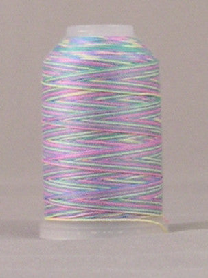 Multicolored variegated thread on white plastic spool with pastel pink, blue, green, and yellow strands wound together