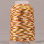 Earthtone variegated 12 wt thread on white plastic spool with orange, yellow, and brown striped pattern