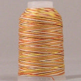Earthtone variegated 12 wt thread on white plastic spool with orange, yellow, and brown striped pattern