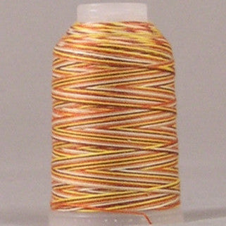 Earthtone variegated 12 wt thread on white plastic spool with orange, yellow, and brown striped pattern