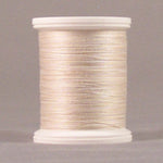 Cream-colored thread on white plastic spool with visible thread windings