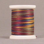 Multicolored variegated thread in burgundy, gold, and green tones wound on white plastic spool