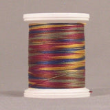 Multicolored variegated thread in burgundy, gold, and green tones wound on white plastic spool