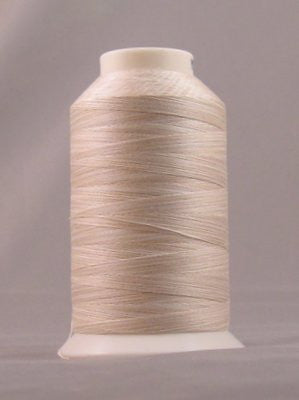 Pale cream variegated thread on white cone spool with subtle color variations throughout