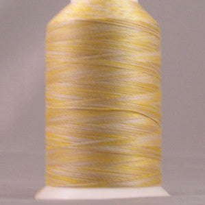 Yellow variegated embroidery thread on white cone with label, showing gradient shades from light to medium yellow