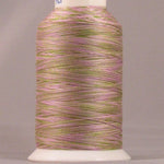 Variegated pink and green 24 weight thread on white cone spool against neutral background