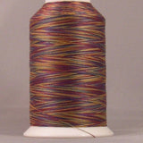 Multicolored variegated thread in burgundy, gold, and green tones wound on white plastic cone spool