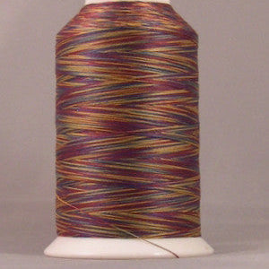 Multicolored variegated thread in burgundy, gold, and green tones wound on white plastic cone spool