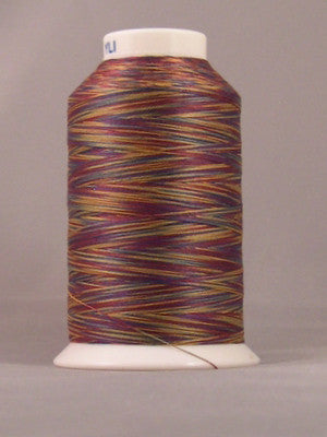 Multicolored variegated thread in burgundy, gold, and green tones wound on white plastic cone spool