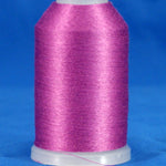 Pink embroidery thread cone with white plastic top and bottom against blue background