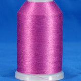 Pink embroidery thread cone with white plastic top and bottom against blue background