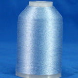 Light blue thread wound on white plastic cone against blue background