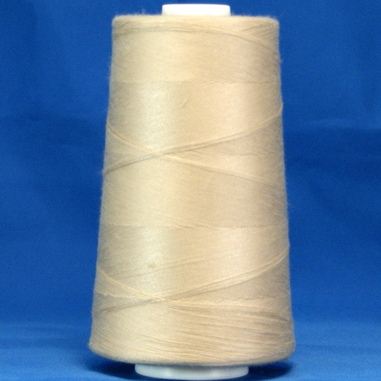 Ecru thread wound on white plastic cone against blue background